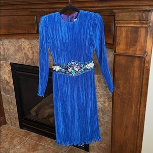 Vintage blue ribbed long sleeve formal dress statement sequin belt XS/S formal